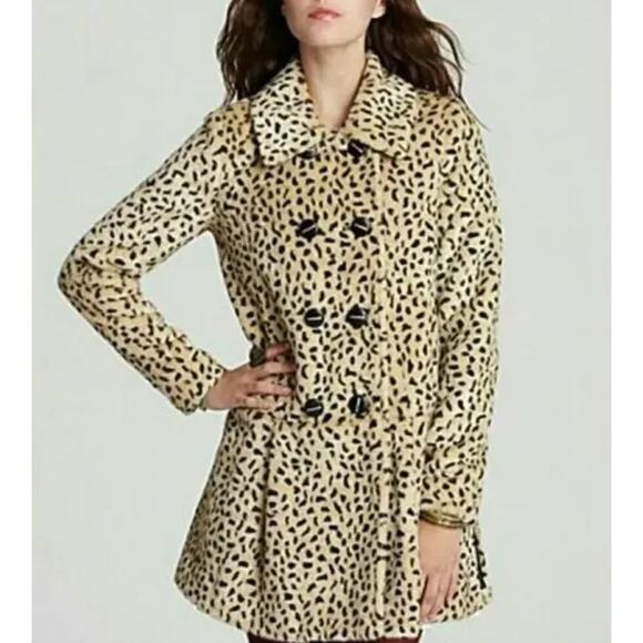 Free People Leopard Animal Print Faux Fur Double Breasted Coat Swing Jacket 6 S - Picture 2 of 14